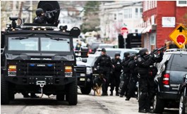 Police BearCat and automatic weapons, Boston lockdown