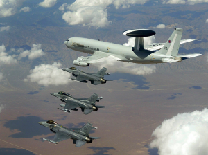 A NATO air patrol of F-16s and an AWACS