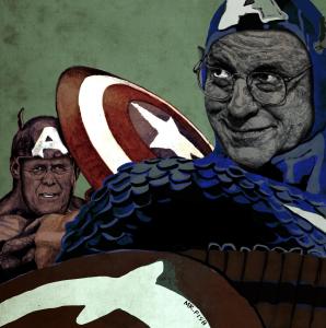 Captains America Dick Cheney and Donald Rumsfeld, rigged to self-destruct. By Mr. Fish