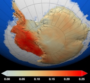 Red shows where temperatures have increased the most during the last 50 years. Dark blue shows where there was less warming. Temperature changes shown are in degrees Celsius.”