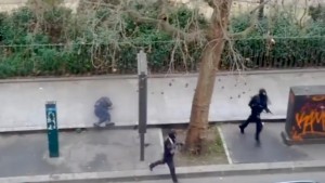 Video frame grab of attack on Paris magazine Charlie Hebdo.