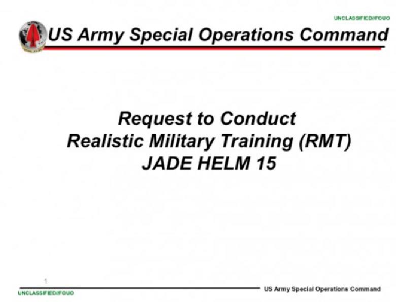 Face Page of US Army unclassified document on Jade Helm 15. Photo credit: US Army