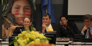 Ecuadorian president Rafael Correa has worked very hard to cultivate an international public image as defender of the rainforest. But several local civil society and environmental organizations beg to differ. Photo Credit: Cancillería del Ecuador  / Flickr