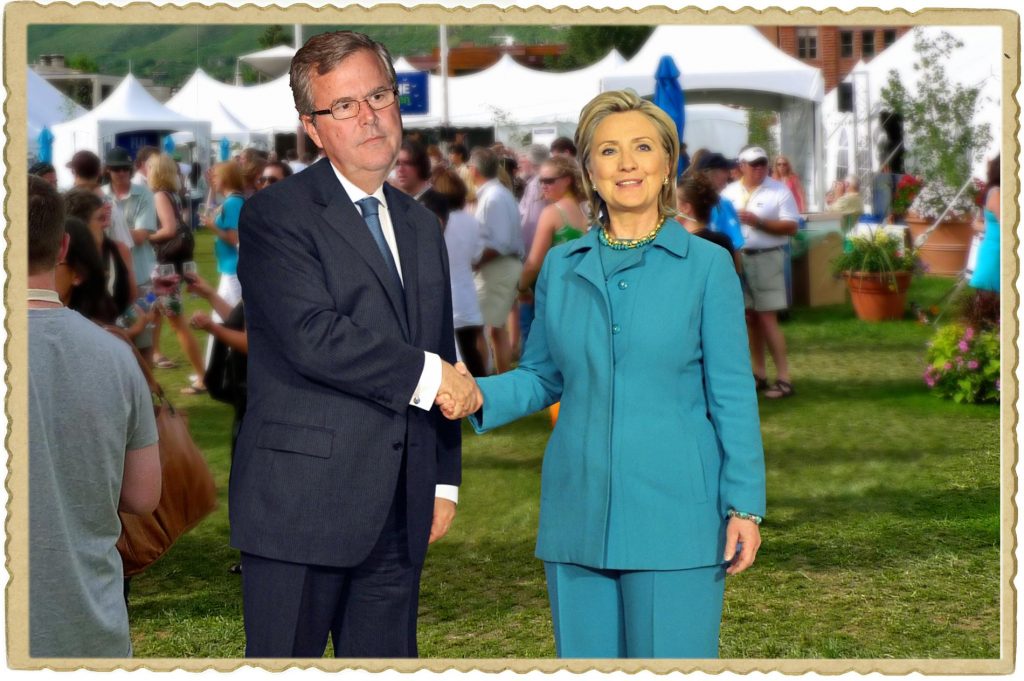 These two families really hate to miss a party.  Photo credits: WhoWhatWhy. Hillary Clinton: U.S. Department of State / Flickr, Jeb Bush face: The World Affairs Council / Flickr, Jeb and Hillary background: Ann Larie Valentine / Flickr  