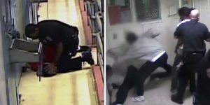 Left: Frame from prison surveillance video obtained by The New Yorker of Browder being slammed to floor by prison guard. Right: Video frame of Browder being attacked by gang members in prison. Photo credits: New Yorker (screen capture) / YouTube