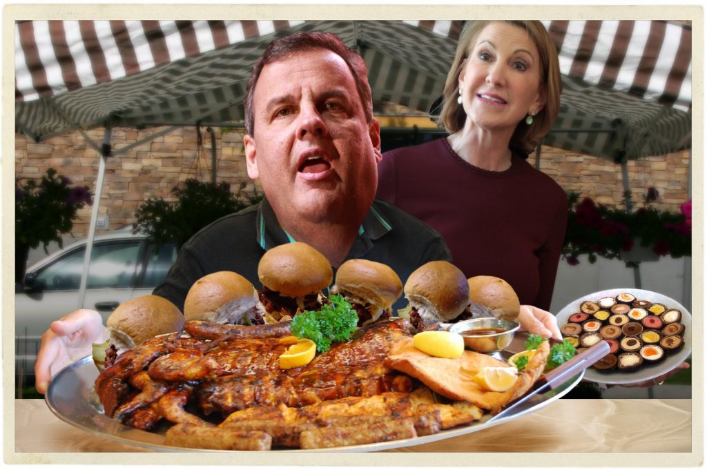 Chris Christie surprisingly keeps his promise to bring a potluck dish, but unsurprisingly forgets to share. Photo credit: WhoWhatWhy. Gage Skidmore / Flickr / Gage Skidmore / Flickr / Nacho / Flickr