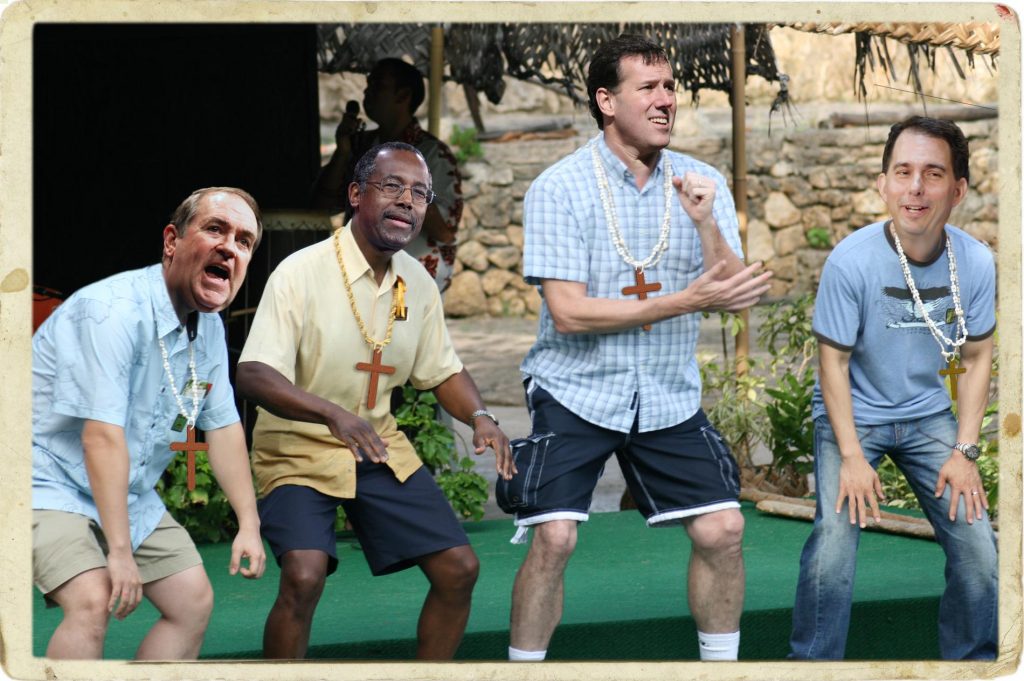 In an effort to entice young voters, Mike Huckabee, Rick Santorum, Scott Walker and Dr. Ben Carson launch a Christian rap quartet. Photo credit: WhoWhatWhy. Quinn Dombrowski / Flickr / Michael Righi / Flickr / Gage Skidmore / Flickr / Flickr / Michael Vadon / Flickr