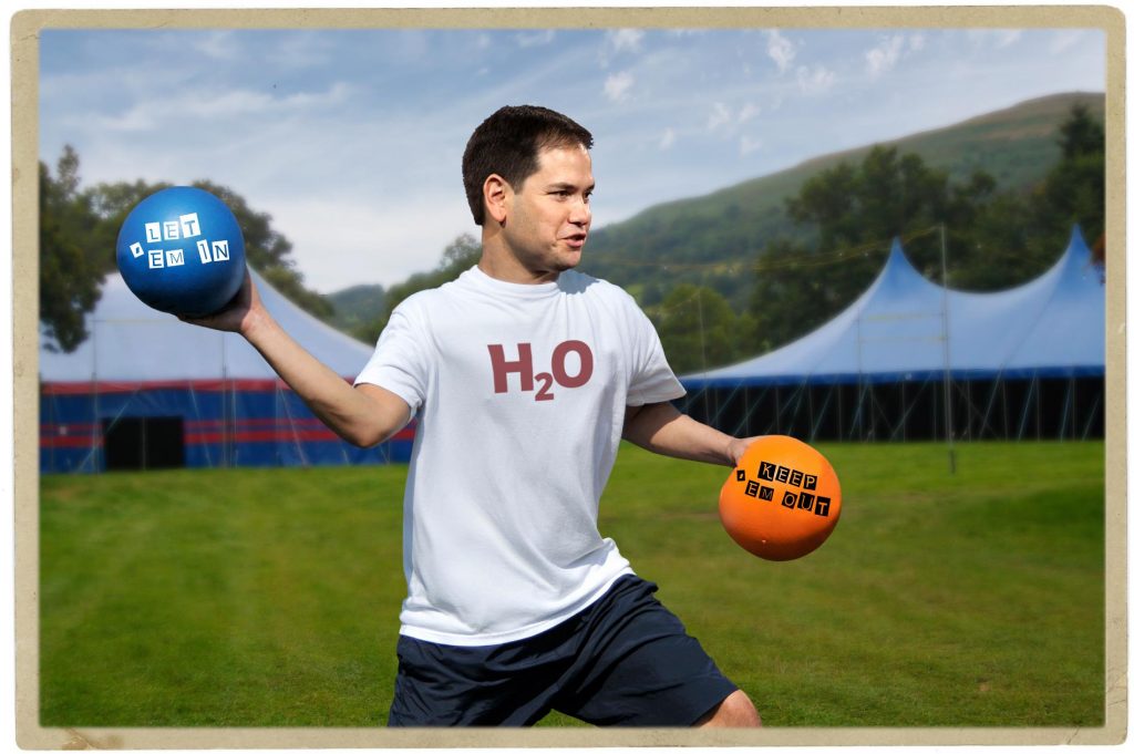 Dodgeball game never finishes because Marco Rubio requires constant water breaks. Photo credit: WhoWhatWhy. US Navy / Wikimedia / Michael Vadon / Flickr / Joanne Munro / Flickr