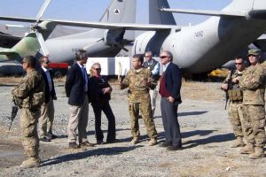 The Special Inspector General and SIGAR staff discussing the status of the Kabul C-27s with members of the US military during a recent inspection trip. Photo credit:  SIGAR PDF