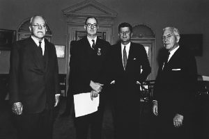 Left to right: Allen Dulles, Richard Bissell, President Kennedy, John McCone. April 1962. Photo credit: CIA.GOV