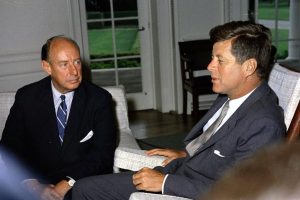 President John F. Kennedy meeting with the US Ambassador to the United Nations, Adlai E. Stevenson. October 23 was Stevenson's birthday, but in 1962 he was busy that day, at the UN, dealing with the Cuban Missile Crisis. Photo Credit: White House, in the John F. Kennedy Presidential Library