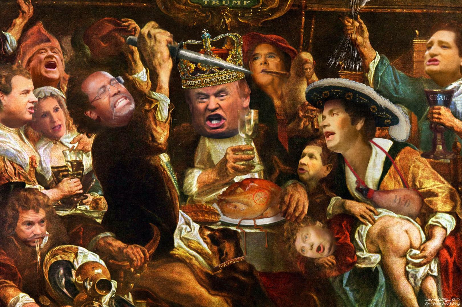 Thanksgiving Feast at Trump Castle. Photo credit: Adapted for WhoWhatWhy by DonkeyHotey from a 17th century painting by Jacob Jordaens titled “The King Drinks” available via Wikimedia. Other images used in this adaptation are listed below.