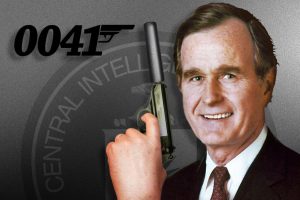 George H.W. Bush as agent 0041. Photo credit: Adapted by WhoWhatWhy from Library of Congress / Wikimedia, adamsguns.com / Wikimedia, Mono / Wikimedia (CC BY-SA 3.0)