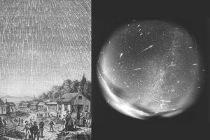 The famous Leonid meteor shower peaks between midnight and dawn on Monday (November 17) and Tuesday (November 18). About these images: (Left) Engraving by Adolf Vollmy based upon an original painting by the Swiss artist Karl Jauslin, that is in turn based on a first-person account of the 1833 Leonid meteor storm by a minister, Joseph Harvey Waggoner on his way from Florida to New Orleans. (Right) 156 bolides were detected on a single (pointed) photographic plate of the all sky fisheye photographic camera during the Leonid meteor shower in 1998 at Modra observatory. The exposure time was 4 hours. Photo Credit: Adolf Vollmy / Wikimedia, Comenius University / Wikimedia (CC BY-SA 3.0)