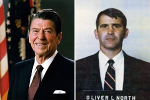 The Iran Contra coverup went into high gear when Oliver North destroyed or hid pertinent documents between November 21 and November 25, 1986. About these photos: Ronald Reagan and Oliver North. Photo Credit: Executive Office of the President / Wikimedia, Unknown / Wikimedia