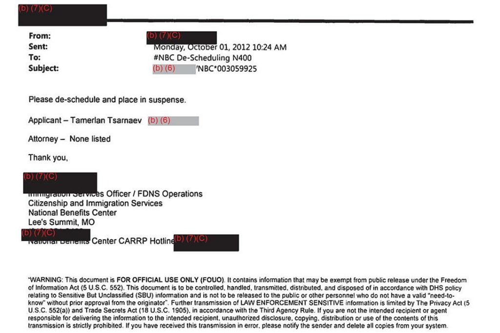 FDNS Email, Tamerlan Tsarnaev