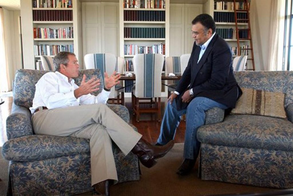 George W. Bush chats with family friend Prince Bandar bin Sultan al Saud in 2002. According to an FBI document, the former Saudi ambassador to the US sent at least one check for $15,000 to a Saudi national linked to the 9/11 attacks on America.  Photo credit:  White House / Wikimedia