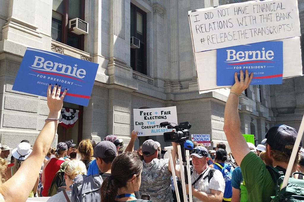 Bernie Sanders supporters rally at the Democratic National Convention. Photo credit: Jon Hecht / WhoWhatWhy  