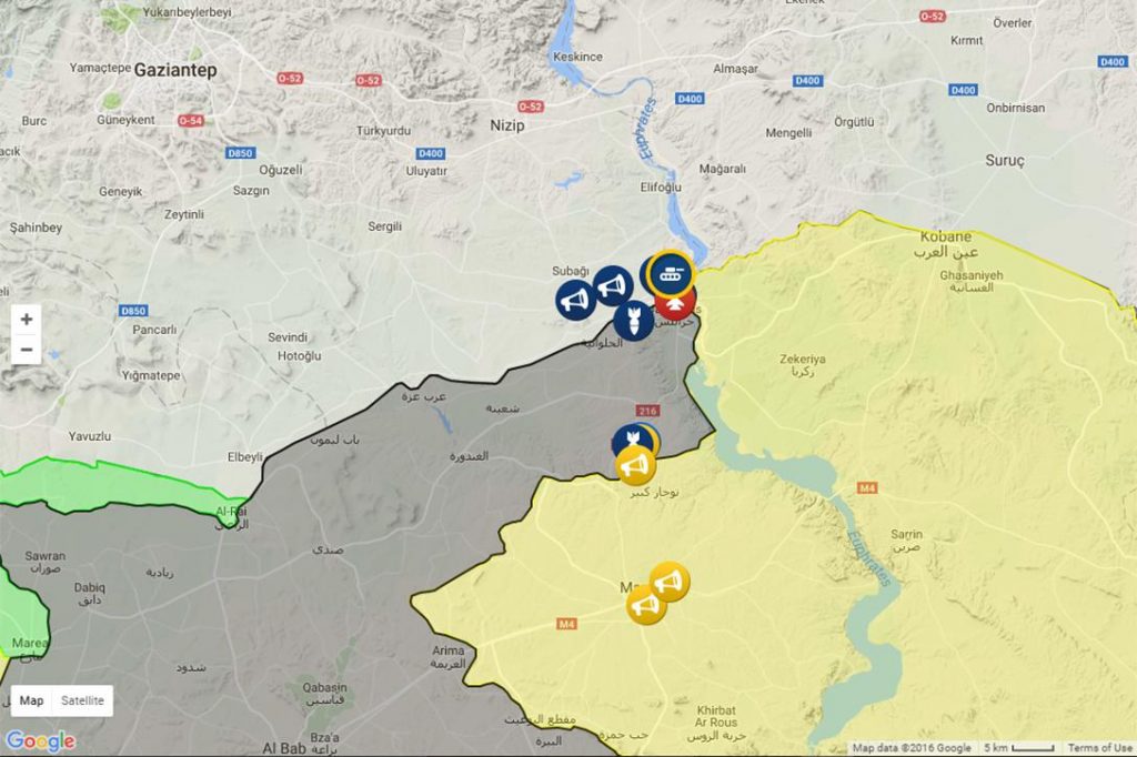 Turkey, which witnessed a major terror attack that killed over 50 people at a wedding near its border with Syria last week, is at the forefront of the war against ISIS. A key next step in the latter would be to clear the last remaining ISIS presence near the Turkish border -- but that would require the Syrian rebels (green on this map), the Kurds (yellow) and Turkey (light gray) to fight ISIS (dark gray) rather than each other. Photo credit: View interactive map at syria.liveuamap.com