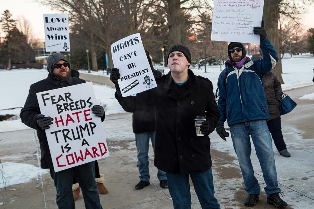 Donald Trump Protesters gather on the campus of the University of Northern Iowa. Photo credit: iprimages / Flickr (CC BY-ND 2.0) 