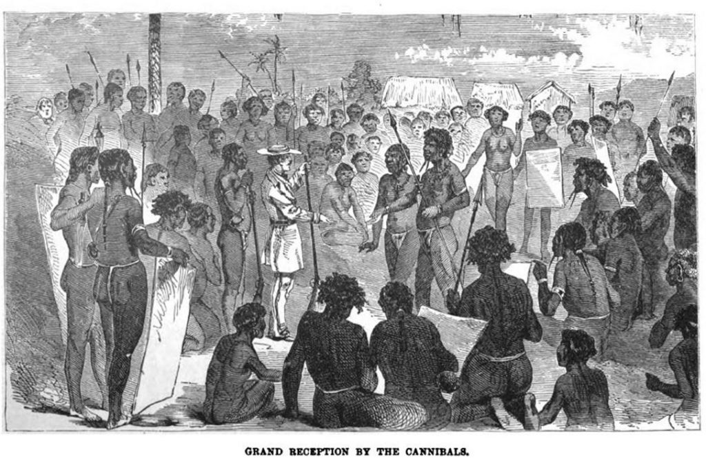 Grand Reception by the Cannibals. (Book plate, 1890) Photo credit: Adventures in the Great Forest of Equatorial Africa and the Country of the Dwarfs / Google Books 