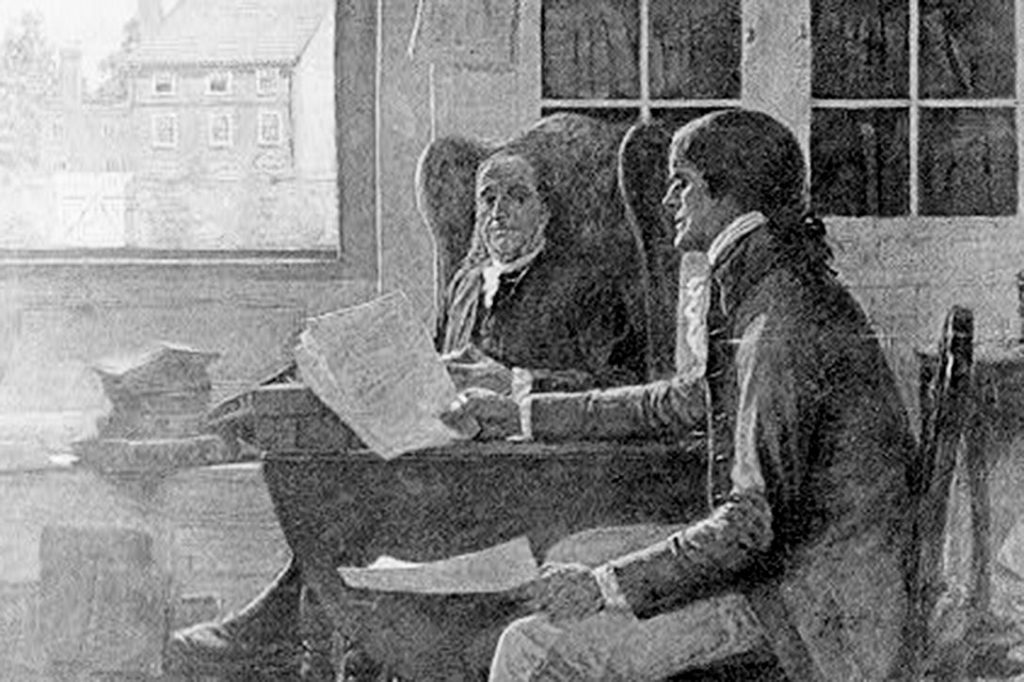 Thomas Jefferson reading a rough draft of the Declaration of Independence to Benjamin Franklin. Photo credit: Clyde Deland / Harper's Weekly / Library of Congress 