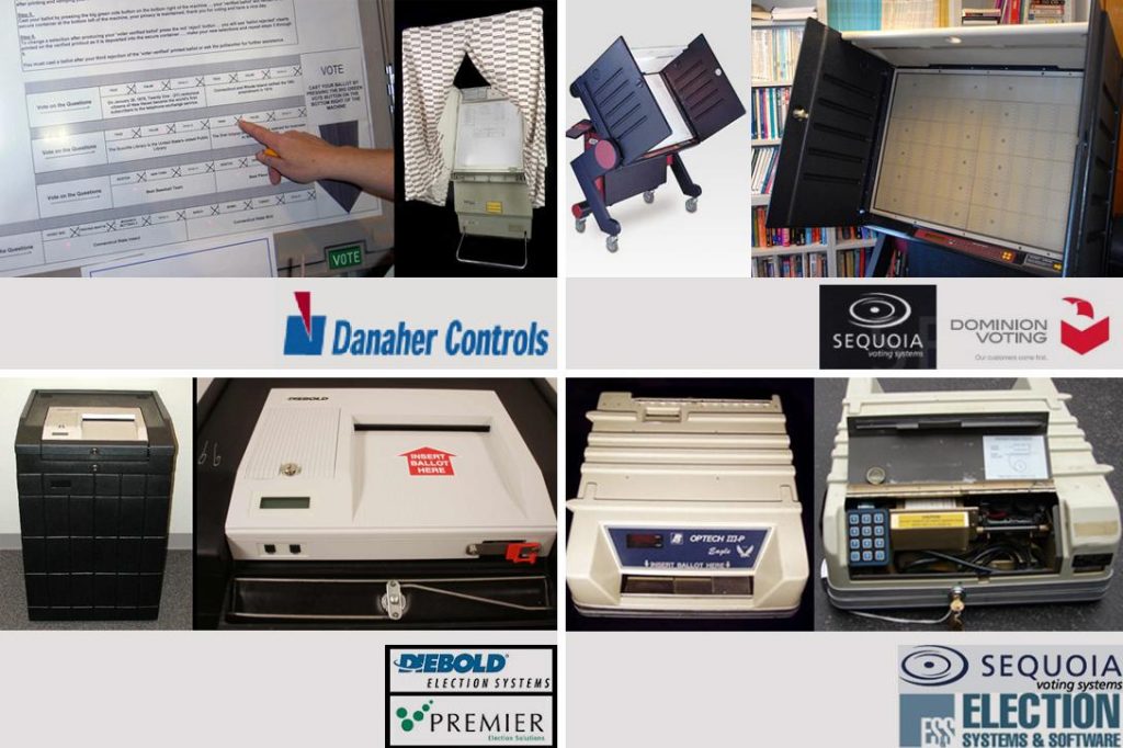 Voting machines: Danaher Shouptronic 1242, Sequoia (Dominion) AVC Advantage, Premier/Diebold (Dominion) AccuVote OS and Optech IIIP-Eagle Photo credit: Verified Voting 