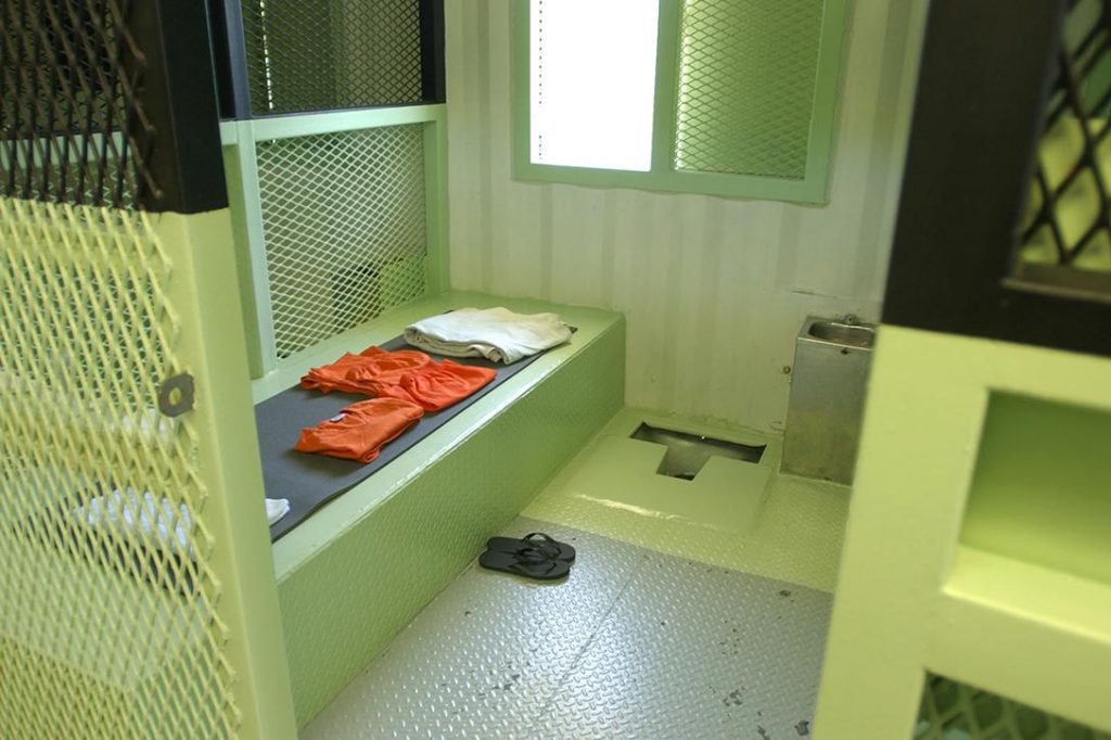 The cell of a non-compliant prisoner at Camp Delta, Naval Station Guantanamo Bay, Cuba. Photo credit: US Department of Defense 