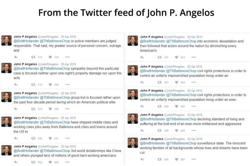 Baltimore Orioles owner John P. Angelos spells out the declining living standards for his city in tweets from April 25, 2015. Photo credit: John P. Angelos / Twitter