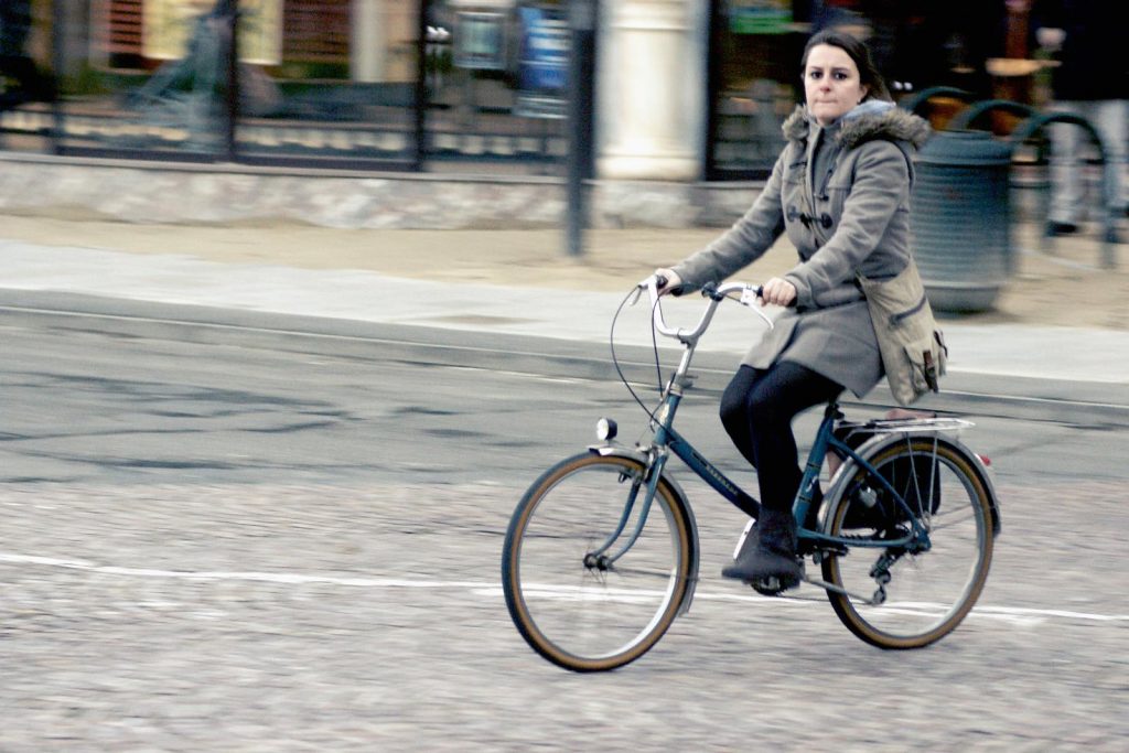 Woman, Bike, Riding, Streets, Cycling