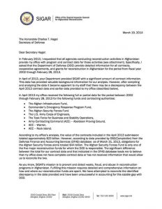 SIGAR’s request for information from the Department of Defense.