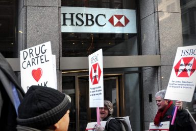 Protesters in front of HSBC Bank