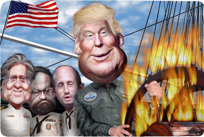 Donald Trump, Steve Bannon, Sebastian Gorka, Stephen Miller