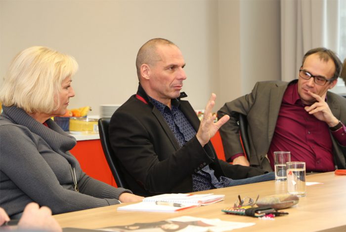 Dagmar Enkelmann, Yanis Varoufakis, Florian Weis in 2016