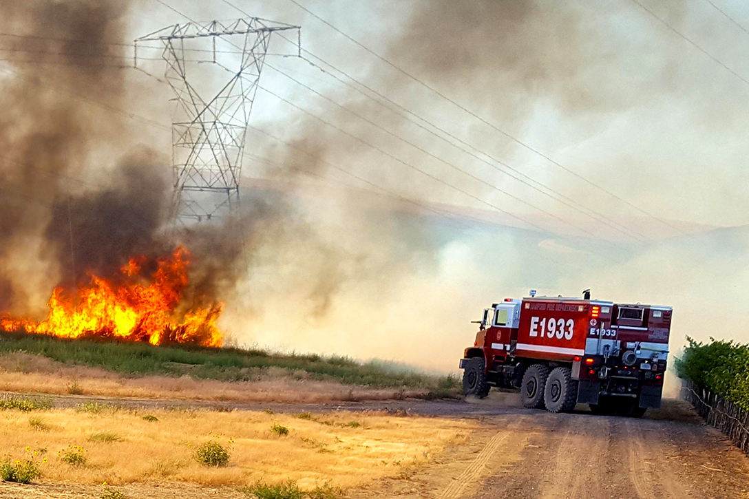 fire, grass, power lines, truck