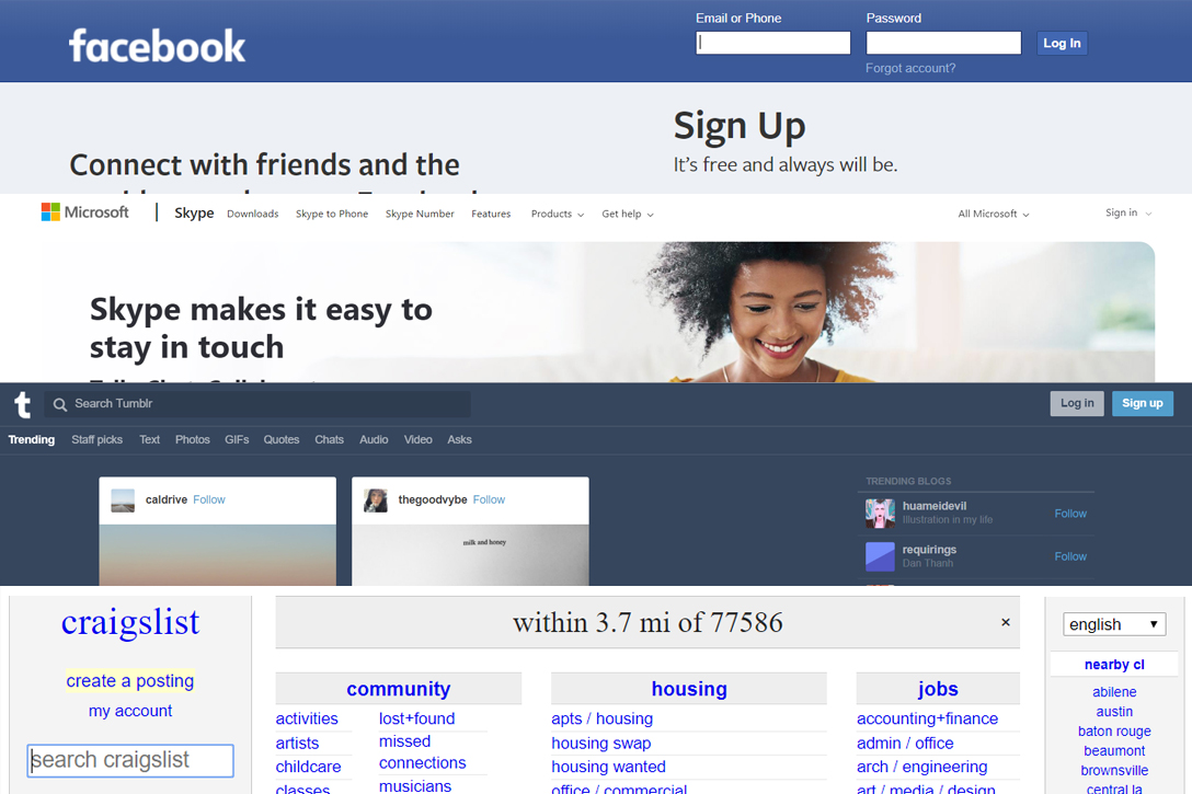 Facebook.com, Microsoft.com, Tumblr.com, Craigslist.com
