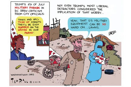 Ted Rall, cartoon, Trump, parade, lawn