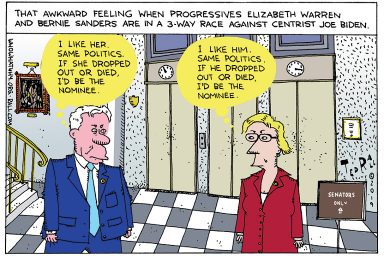 Ted Rall, cartoon, Bernie Sanders, Elizabeth Warren