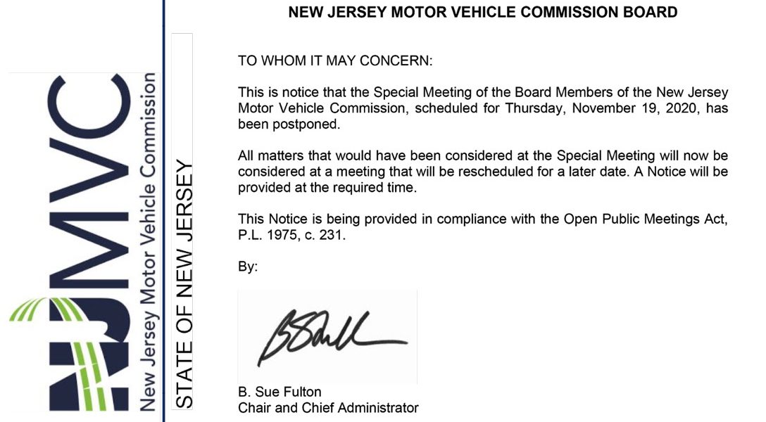 New Jersey MVC, meeting cancellation notice