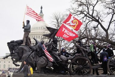 Pro-Trump Supporters Affix Flags onto the Artillery Group Statue at the Ulysses S. Grant Memorial