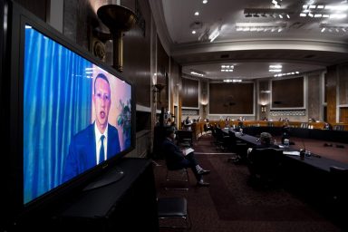 Mark Zuckerberg, CEO of Facebook, Testifies Remotely During a Senate Judiciary Committee Hearing on November 17, 2020
