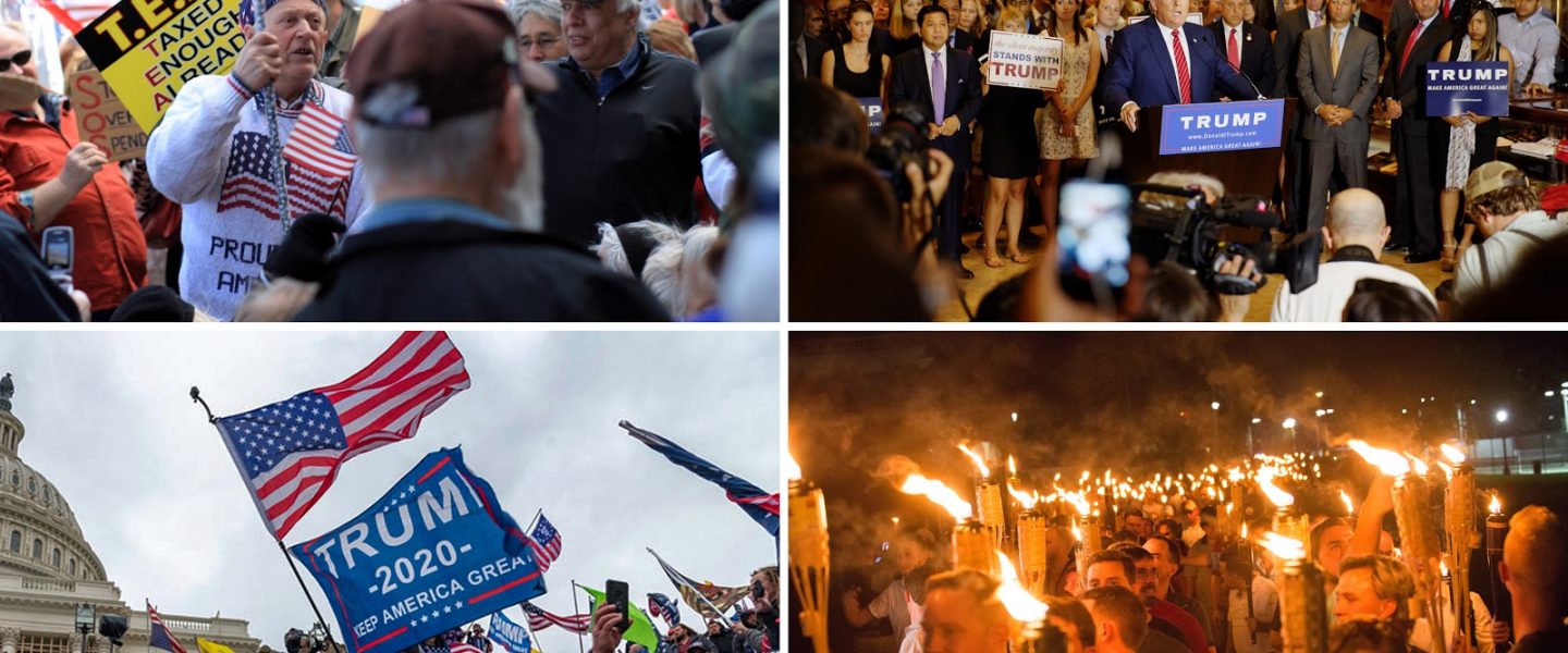 Clockwise from upper left: Tea Party, Donald Trump, Charlottesville, Capitol Riot
