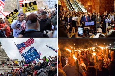 Clockwise from upper left: Tea Party, Donald Trump, Charlottesville, Capitol Riot