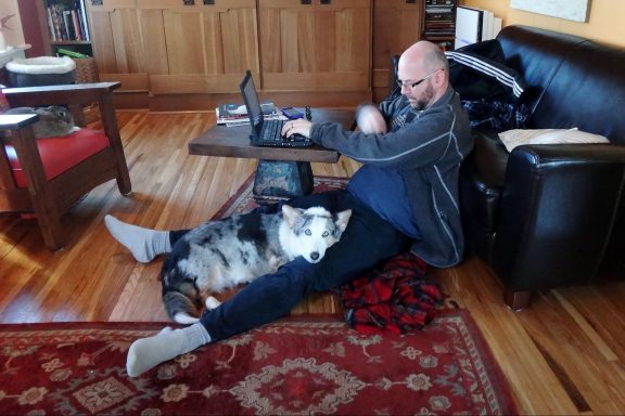 man, working, home, laptop, dog