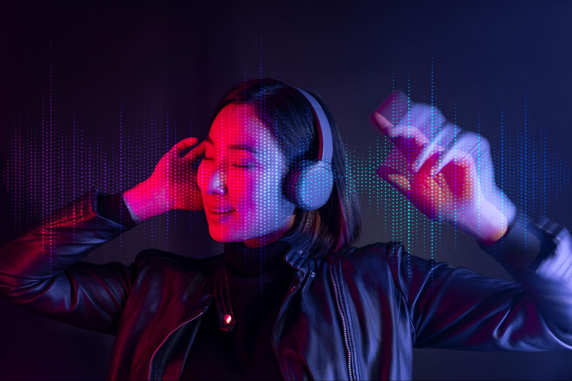 Woman, wireless headphone, listen, music
