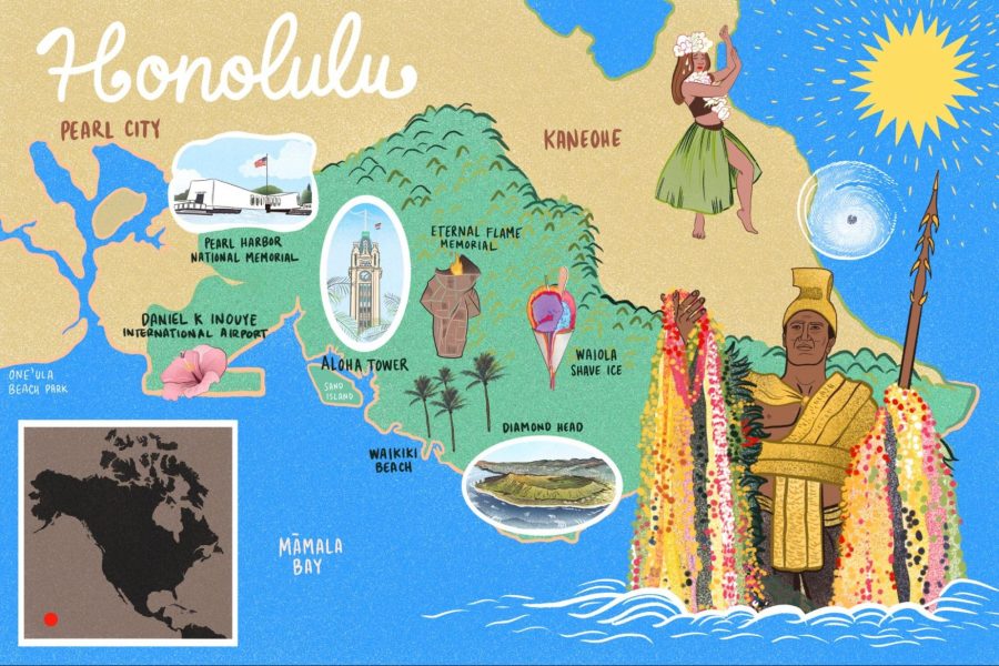 Stylized map of Honolulu showing important sites like the Pearl Harbor Memorial and the Eternal Flame Memorial.