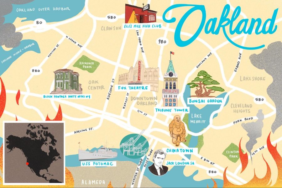 Stylized map of Oakland showing important sites like the Tribune Tower and the Fox Theater.