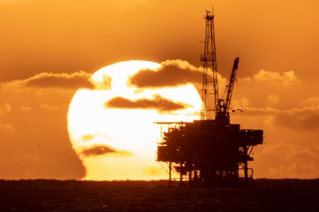 oil, platform, sunset, Santa Barbara Channel