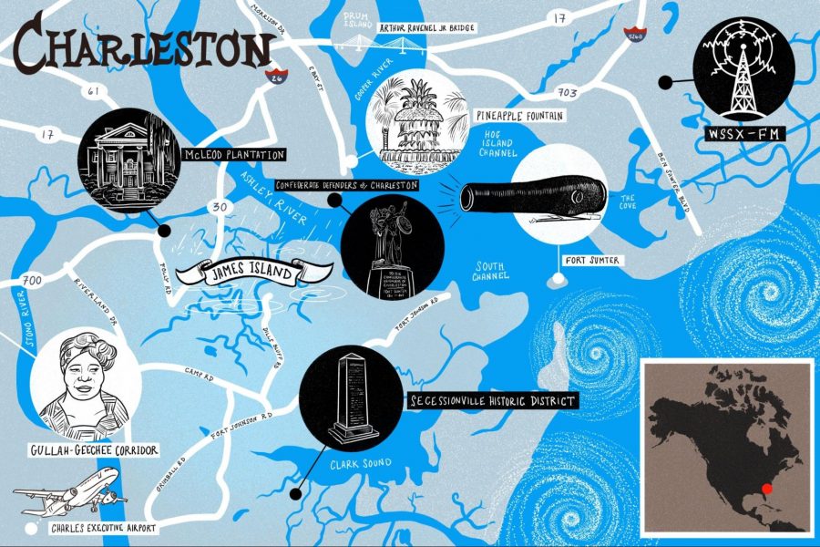 Stylized map of Charleston showing important sites.