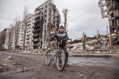 Man, Bicycle, Building, Damage, War,